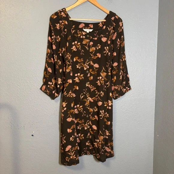 Garnet Hill Jardin Crepe Mini Dress Size XS Brown Floral Fall Boho - Picture 2 of 11